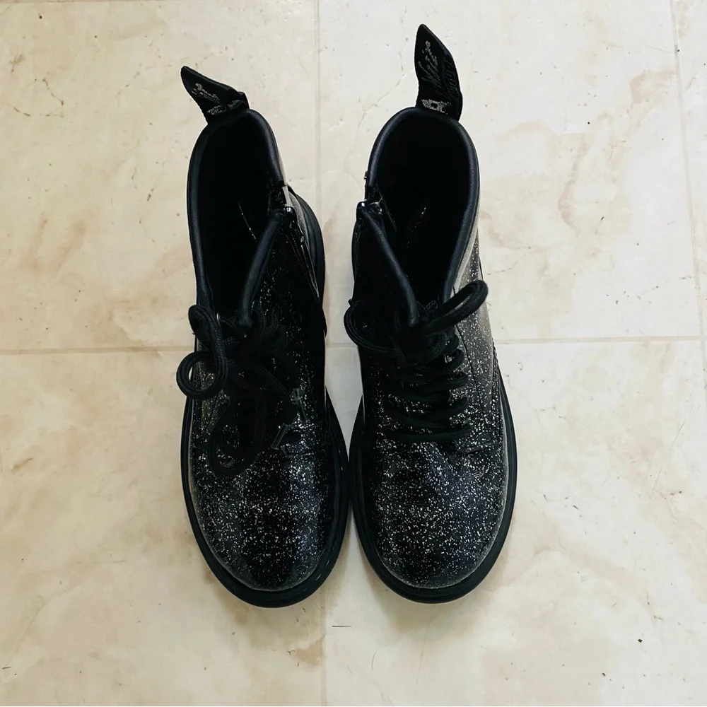 $75 Dr. Martens Junior 1460 Black Cosmic Silver Glitter Lace Up Zipper Boots 2